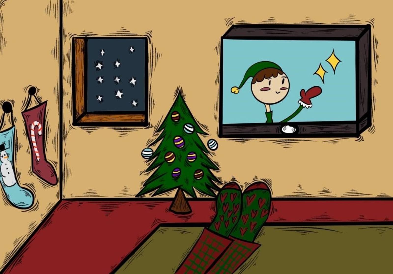 Zu sehen ist eine weihnachtliche Grafik, welche einen Fernseher zeigt in dem ein Weihnachtswichtel zu sehen ist. Neben dem Fernseher steht ein geschmückter Tannenbaum und an der Wand hängen gefüllte Socken.